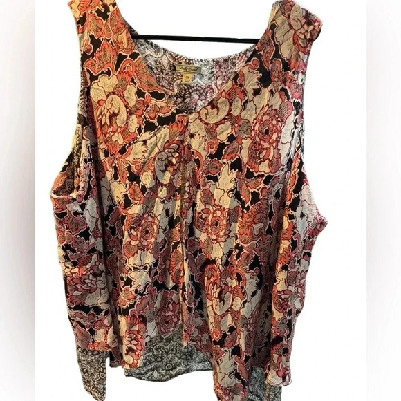 Lucky Brand Sleeveless Red Black Floral Abstract Aztec Flowy Blouse Size 3X - Picture 3 of 8